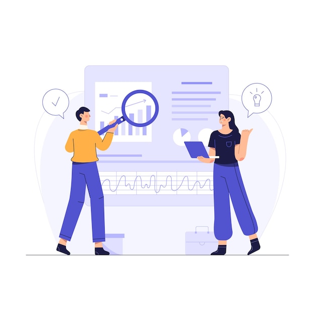 Free Vector company employees use web search to find ideas for doing business for the company