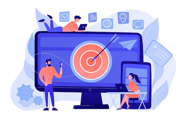 Free Vector concumers with devices get targeted ads and messages. multi device targeting, reaching audience, cross-device marketing concept