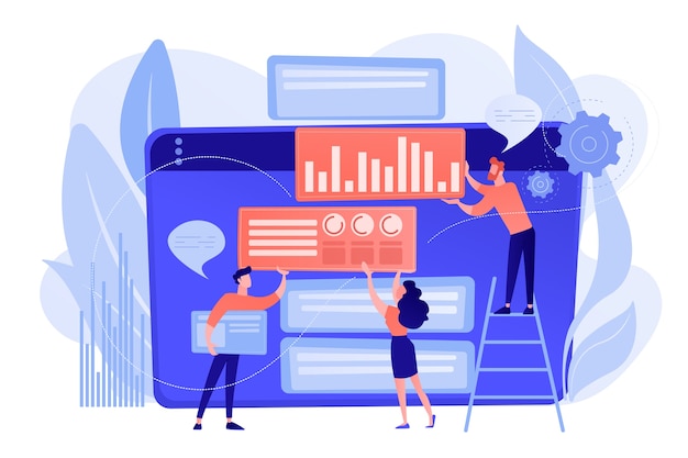 Free Vector content marketing manager, specialist, analyst work on websites for audience. content marketing, working content, seo optimization tool concept. pinkish coral bluevector isolated illustration