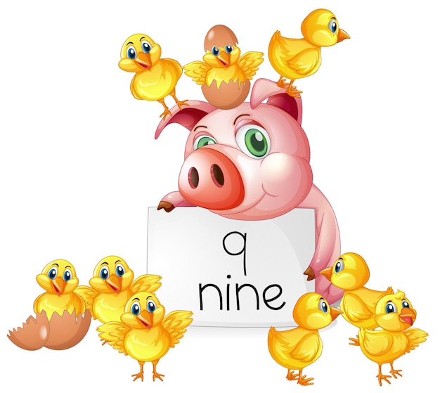 Free Vector counting number nine with pig and chicks