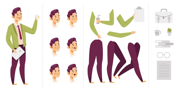 Free Vector creation animated businessman or working people characters template with body path head leg computer for graphic designer use object vector illustration