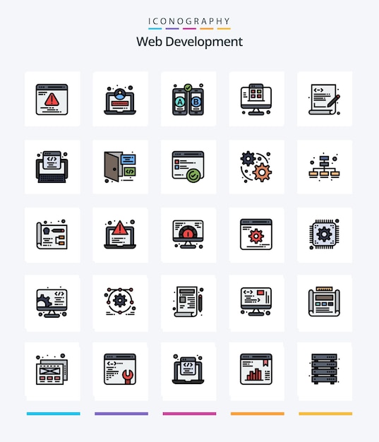 Free Vector creative web development 25 line filled icon pack such as code programming mobile language app