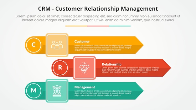 Free Vector crm customer relationship management infographic concept for slide presentation with rectangle arrow stack with circle edge with 3 point list with flat style