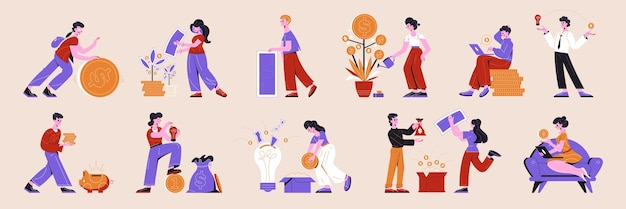 Free Vector crowdfunding flat horizontal icons set with people watering money tree rolling coins saving banknotes vector illustration