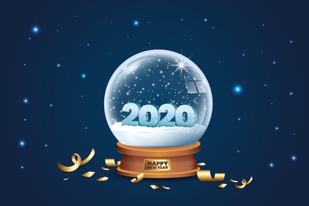 Free Vector crystal globe with snow and confetti for 2020 new year