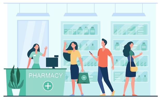Free Vector customers and pharmacist in pharmacy store. people buying medication in drugstore. flat vector illustration for service, treatment, pharmaceutics concept