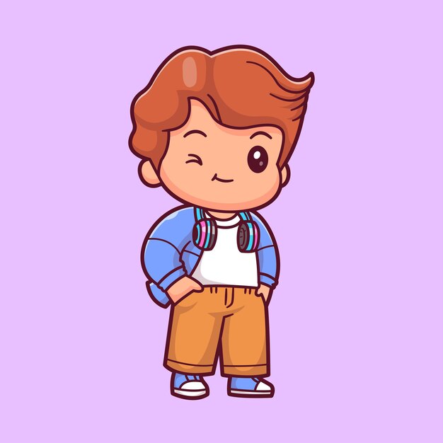 Free Vector cute cool boy listening music with headphone cartoon vector icon illustration people music isolated