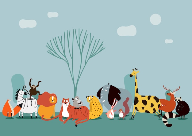 Free Vector cute group of wild animals