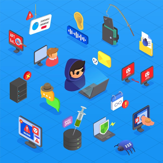Free Vector cyber security isometric concept with hacker attack symbols vector illustration