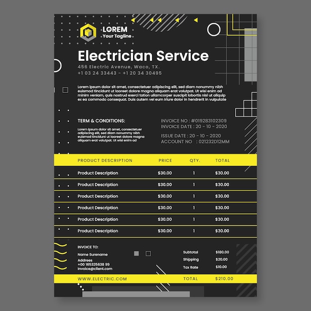 Free Vector dark electrician invoice template