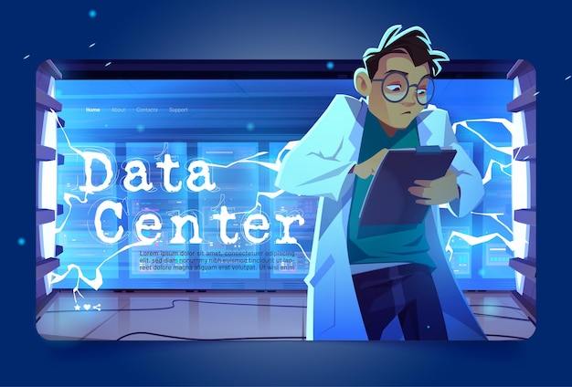 Free Vector data center cartoon landing page, geek working in server room with hardware racks, wires and computer processor. bigdata technology, cloud information base, artificial intelligence vector web banner
