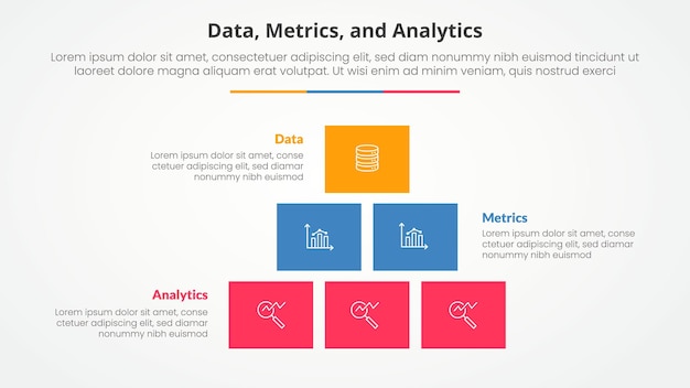Free Vector data metrics and analytics infographic concept for slide presentation with box rectangle pyramid structure with 3 point list with flat style