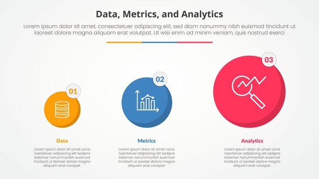 Free Vector data metrics and analytics infographic concept for slide presentation with circle gradual transformation with 3 point list with flat style