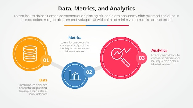 Free Vector data metrics and analytics infographic concept for slide presentation with creative round circle horizontal with 3 point list with flat style