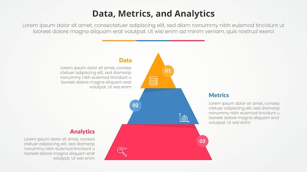 Free Vector data metrics and analytics infographic concept for slide presentation with pyramid slice divide move wobble with 3 point list with flat style