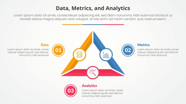 Free Vector data metrics and analytics infographic concept for slide presentation with triangle cycle circular outline circle piechart with 3 point list with flat style