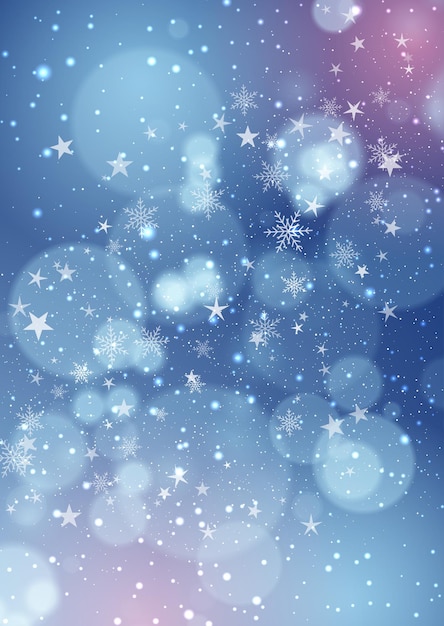 Free Vector decorative christmas background with bokeh lights snowflakes and stars