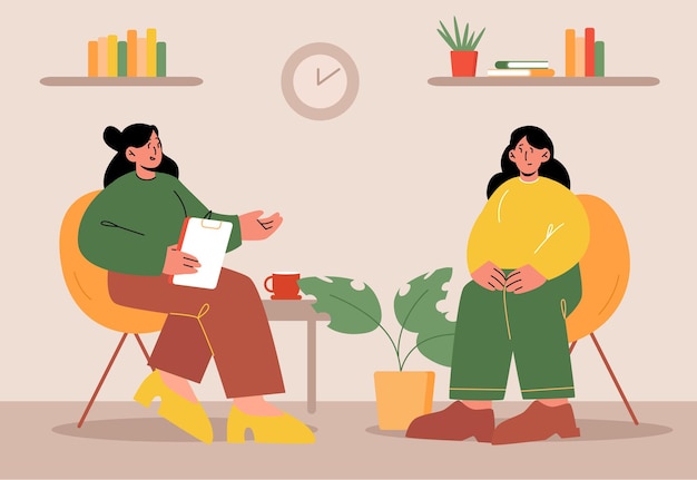 Free Vector depressed woman client visit clinic counseling for psychologist appointment and professional help. doctor talking with patient about mind problems at private session, line art flat vector illustration