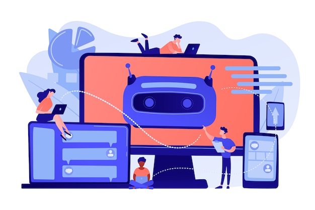 Free Vector developers building, testing and deploying chatbots on platforms. chatbot platform, virtual assistant development, cross-platform chatbot concept