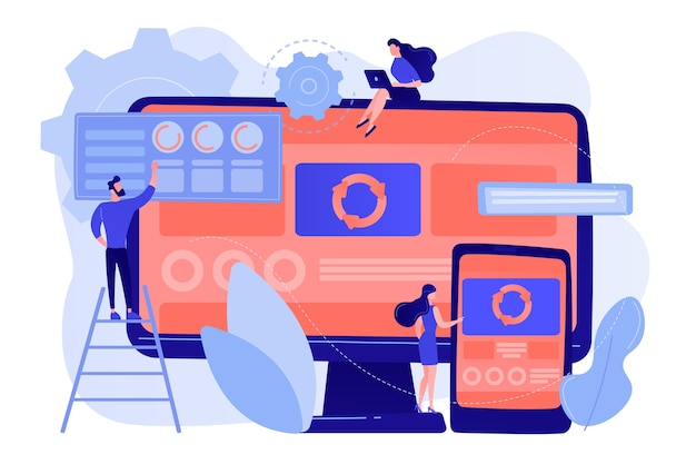 Free Vector developers at computer and smartphone working on single page app, tiny people. single page application, spa web page, web development trend concept