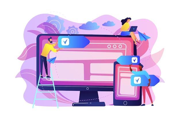 Free Vector developers use software on multiple devices. cross-platform software, multi-platform and platform-independent software concept on white background. bright vibrant violet  isolated illustration