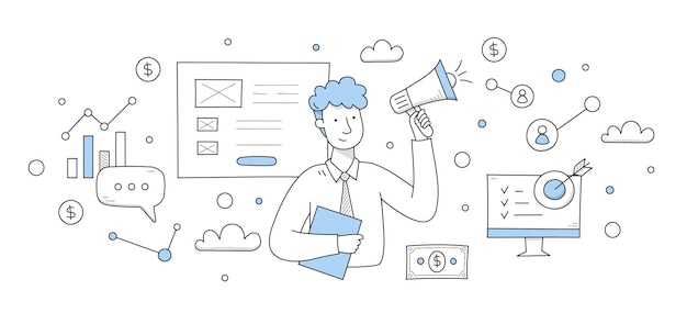 Free Vector digital marketing concept with doodle illustration of man with megaphone website and money vector background with symbols of online market strategy and businessman
