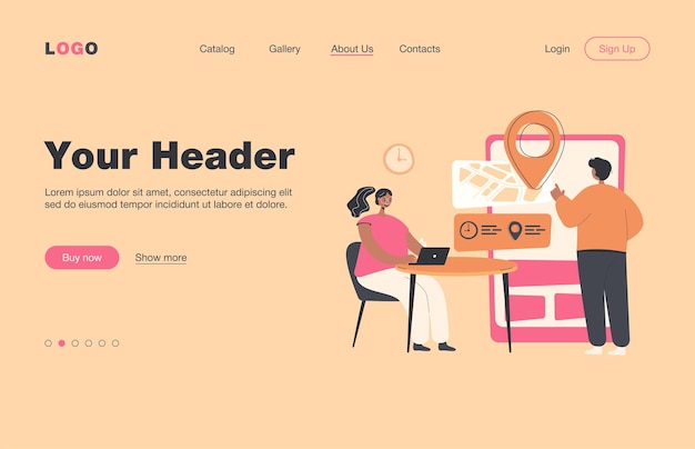 Free Vector digital technology users using appointment and booking app on giant smartphone. man standing at screen with online map with pointer and calendar. for business application, internet concept