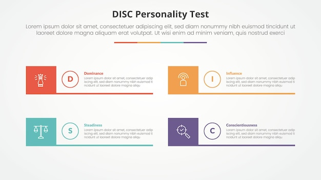 Free Vector disc personality test concept for slide presentation with creative square box and line bottom with 4 point list with flat style