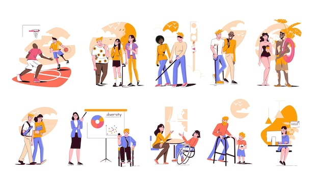 Free Vector diversity inclusion flat set with isolated compositions of various people in different situations on blank background vector illustration