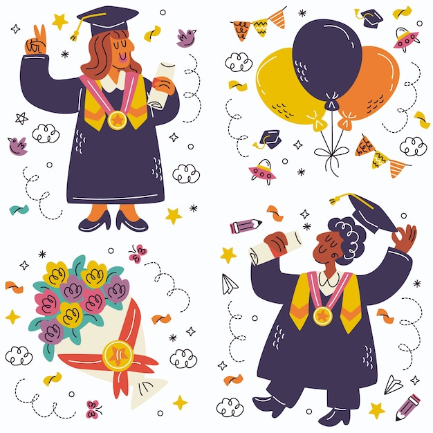 Free Vector doodle graduation stickers collection
