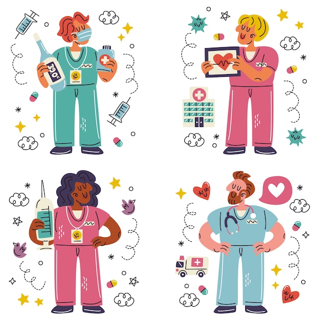 Free Vector doodle hand drawn nurses stickers collection