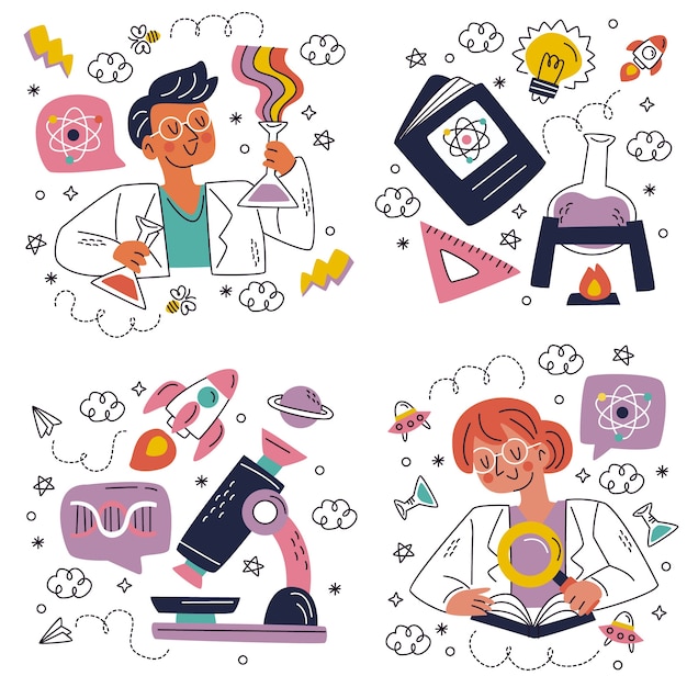 Free Vector doodle hand drawn science stickers collection