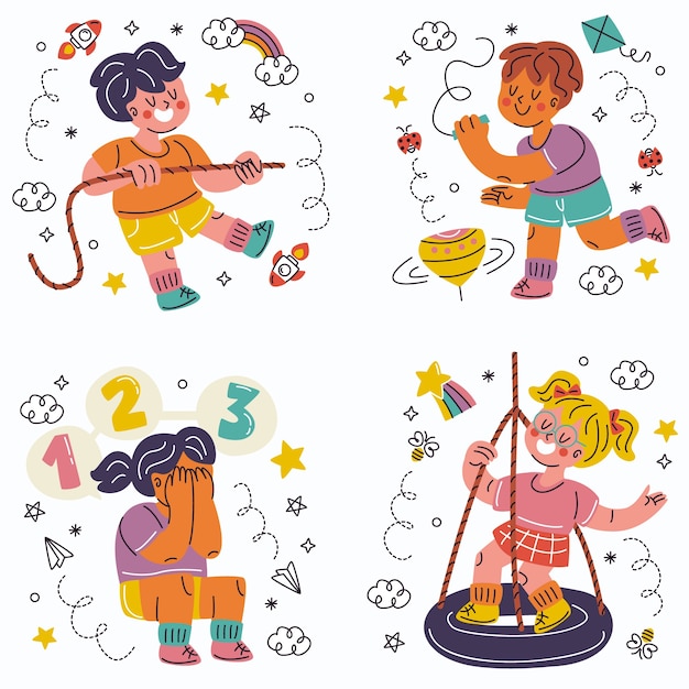 Free Vector doodle hand drawn traditional children's games stickers collection