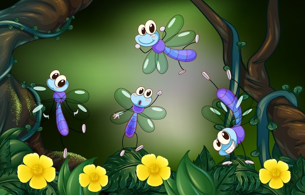 Free Vector dragonflies flying in the deep forest