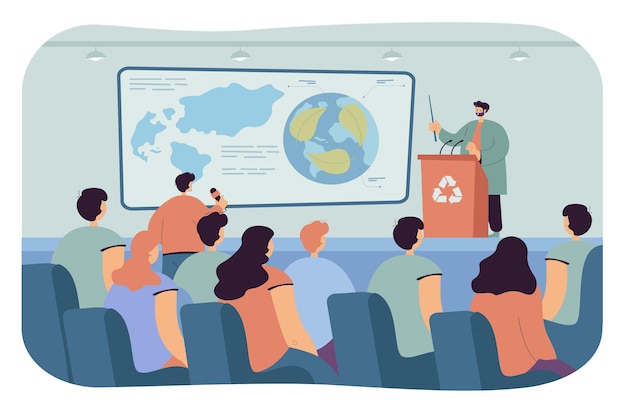 Free Vector ecologist giving presentation at conference. man on stage behind tribune talking to audience, press asking questions flat illustration