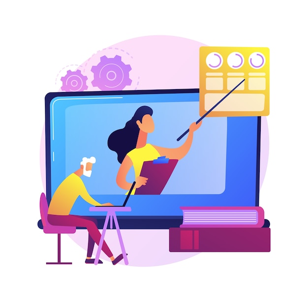 Free Vector education for older people. senior couple of people watching online courses on laptop, getting academic degree. webinar, internet seminar.