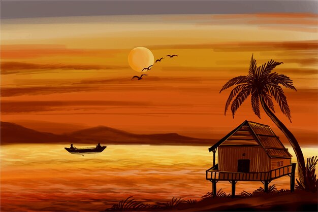 Free Vector elegant beautiful sunset scene background