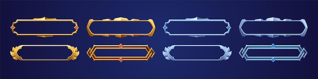 Free Vector empty rectangle frames in medieval style for game ui design. vector cartoon set of user interface elements with golden and silver border with leaves and gems isolated on background