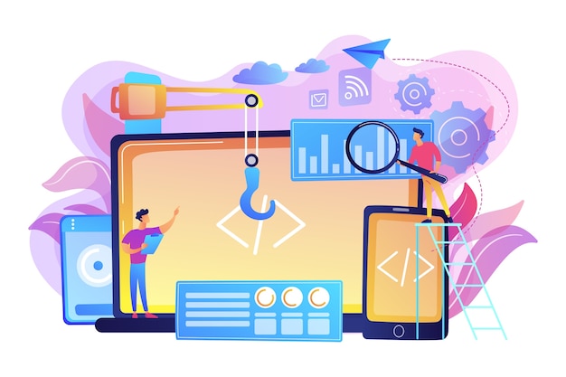 Free Vector engineer and developer with laptop and tablet code. cross-platform development, cross-platform operating systems and software environments concept. bright vibrant violet  isolated illustration