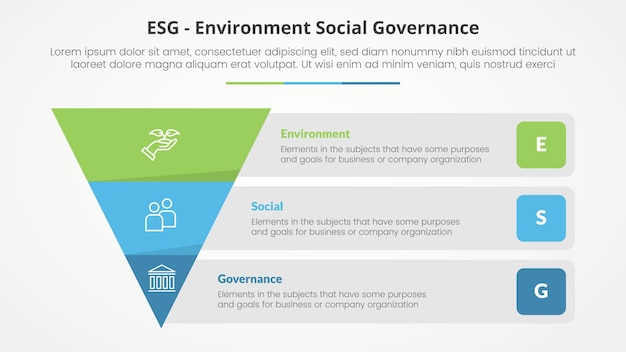 Free Vector esg frameworks infographic concept for slide presentation with reverse pyramid and rectangle box container description with 3 point list with flat style
