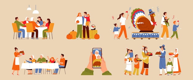 Free Vector families celebrating thanksgiving day flat set on color background isolated vector illustration