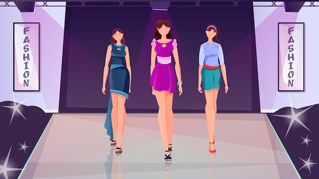 Free Vector fashion show flat illustration with three young slender girls in fashionable clothes walking on the catwalk