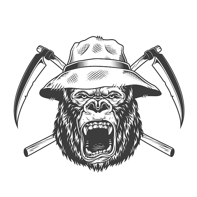 Free Vector ferocious gorilla head in panama hat
