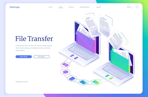Free Vector file transfer isometric landing page digital data migration between computers transmission service for private information exchange gadgets connected in computing network system