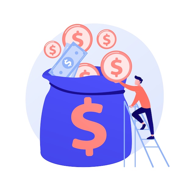 Free Vector finances management. budget assessment, financial literacy, accounting idea. financier with cash, economist holding golden coin cartoon character.