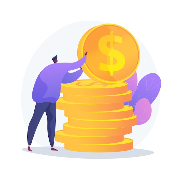 Free Vector finances management. budget assessment, financial literacy, accounting idea. financier with cash, economist holding golden coin cartoon character.  