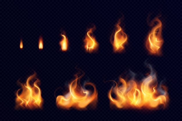 Free Vector fire flame realistic set of small and big bright elements on black background isolated