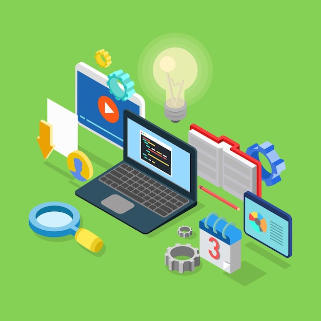 Free Vector flat 3d isometric application software coding development