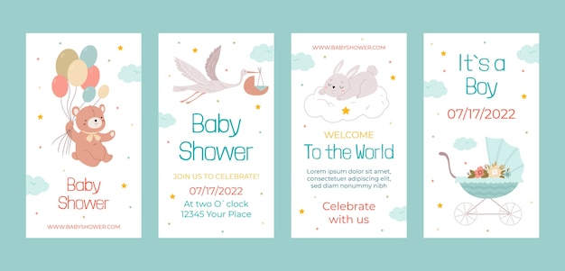 Free Vector flat baby shower party instagram stories collection