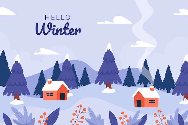 Free Vector flat background for winter season with houses and trees